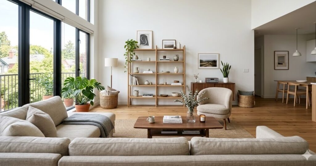 クローゼットがなく、広々として清潔感のあるお洒落なリビングの風景。