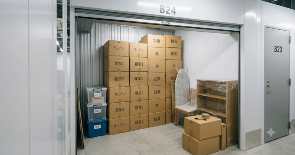 引越し荷物が整然と整理されて積み上げられた屋内トランクルームの内部