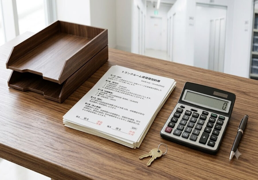 トランクルーム契約前に、費用や条件を慎重に計算・比較するためのデスク上の書類と電卓、鍵。