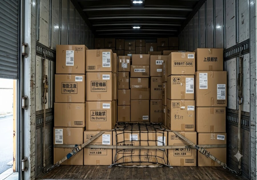 ダンボール箱が隙間なく積載された運搬用車両の荷台内部