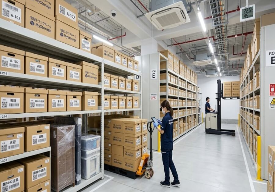 宅配トランクルーム用の荷物が管理・保管されている空調倉庫の風景