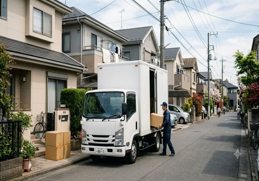 住宅街に停車する無地の小型引越しトラック