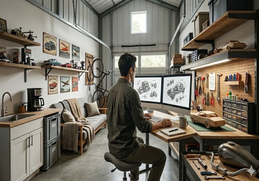 ライゼホビーの内部でパソコ作業をする男性