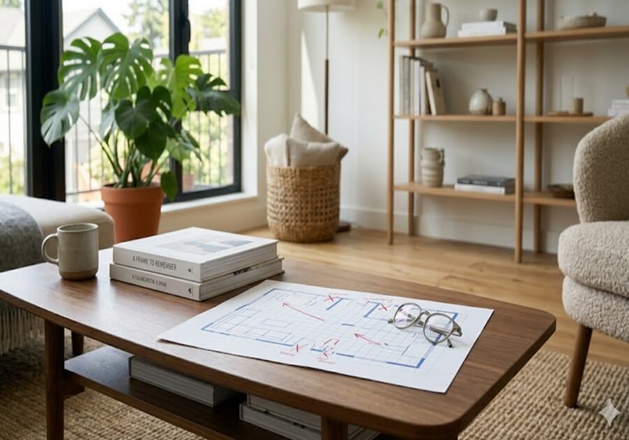 リビングのコーヒーテーブルの上に広げられた住宅の図面と、その上に置かれた赤ペンや計測スケール。