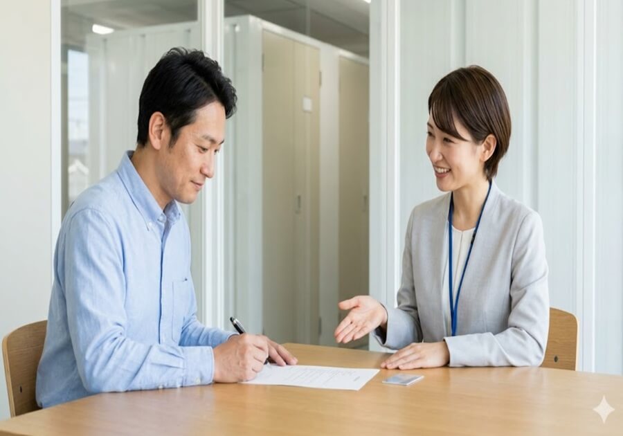 トランクルームの契約手続きをする男性