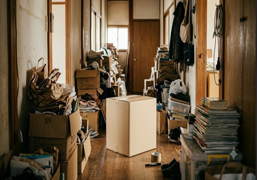 物であふれた誰もいない廊下に、新品の大きな空の段ボールが一つ、置かれている。これから片付けが始まる静かな気配。