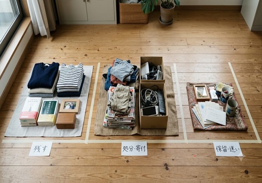 床の上に、誰もいないが、3つの明確に分けられたオブジェクトの山だけが残されている。整理整頓の分類プロセスを表現。