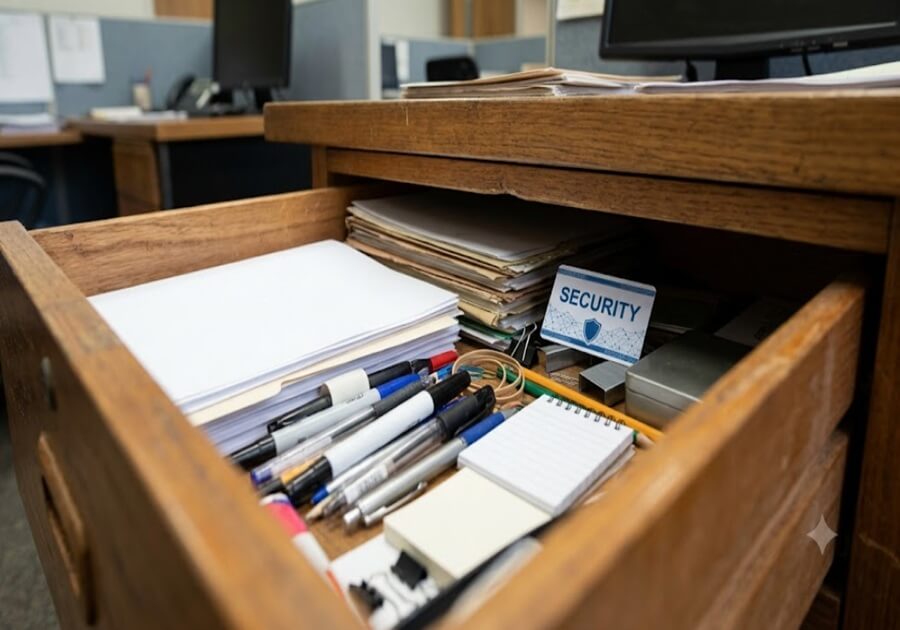 職場のデスクの引き出しが開いており、その薄暗い奥に他の書類や事務用品に紛れて空白の白いセキュリティカードが隠されている様子。