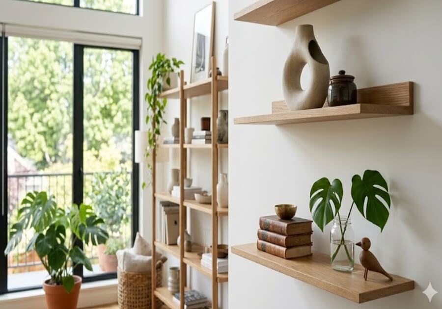 壁に取り付けられたオシャレなウォールシェルフに小物を飾る。