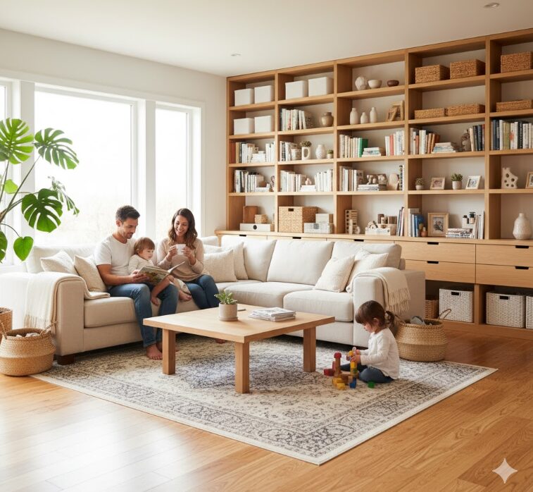 収納された綺麗な部屋でくつろぐ家族。