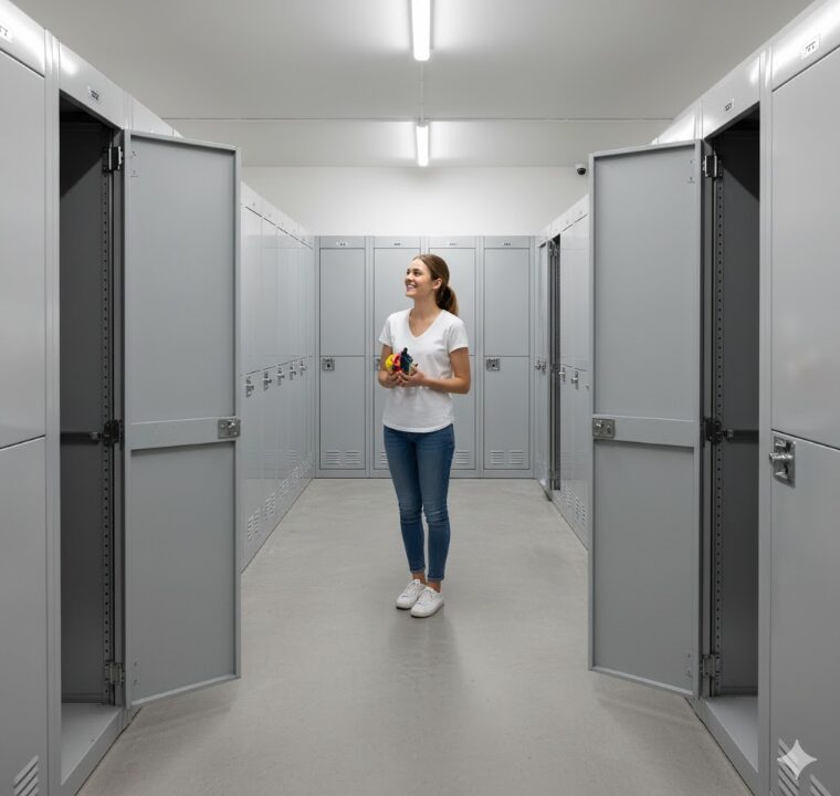 綺麗なトランクルームを借りることができ、嬉しくなる女性の写真。