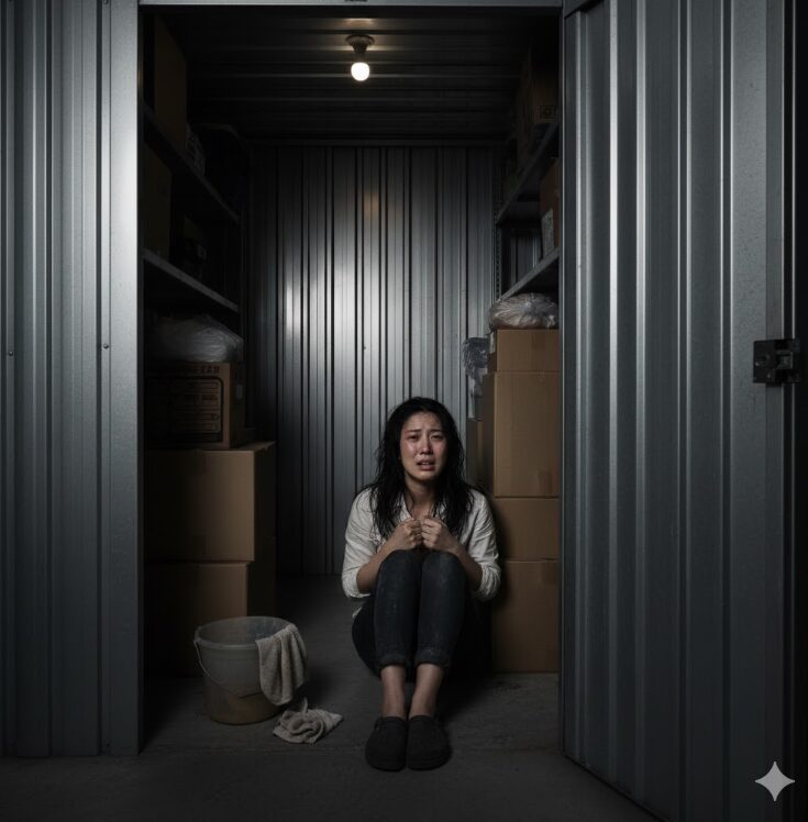 シャワーや洗面台がないトランクルームで絶望する女性の写真。