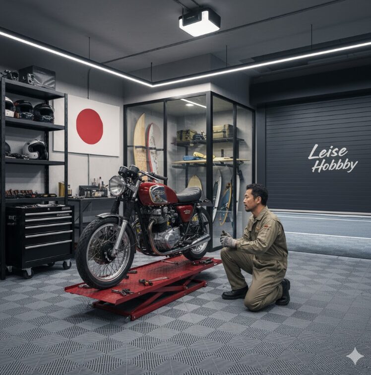 ライゼホビーの中で、趣味のバイクを触っている男性。