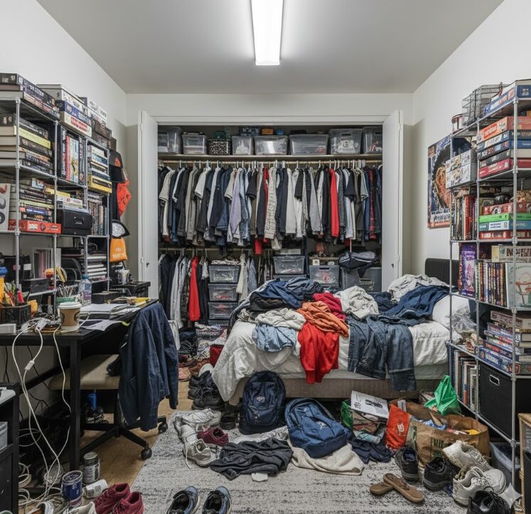 収納が多いゆえに物が増え、散らかった部屋。