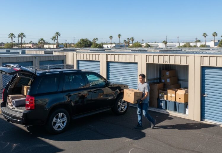 屋外トランクルームの前に車を横付けし荷物を運び込むアジア人男性