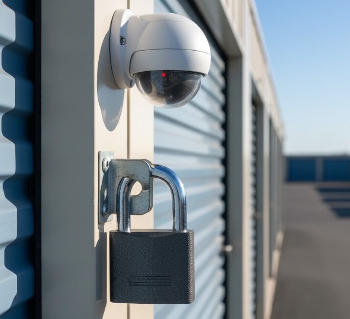 屋外トランクルームのドアに設置された頑丈な南京錠と監視カメラ