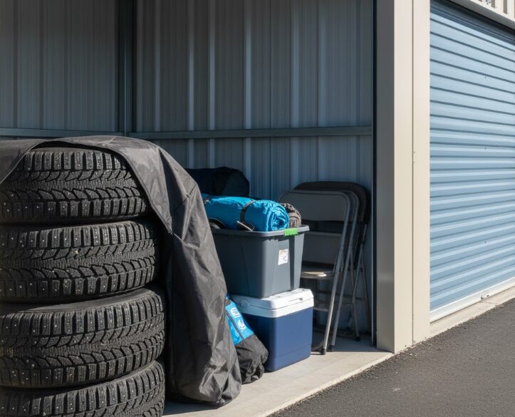 屋外トランクルーム内に適切に保管されたスタッドレスタイヤとキャンプ用品