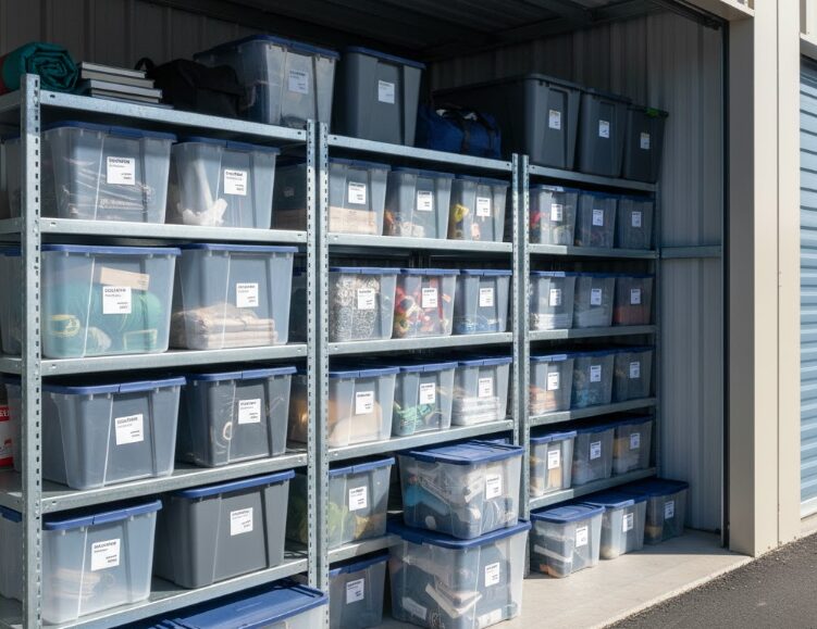 スチールラックを使用して収納ボックスを整理整頓している屋外トランクルームの内部