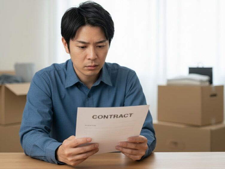 スペラボの解約手続きをする為に契約書を確認している男性。