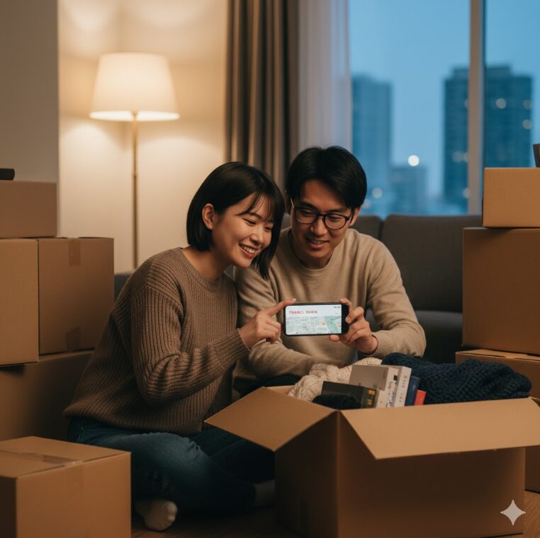 引越し準備中、段ボールに囲まれながらトランクルームの利用を計画している若い日本人夫婦。