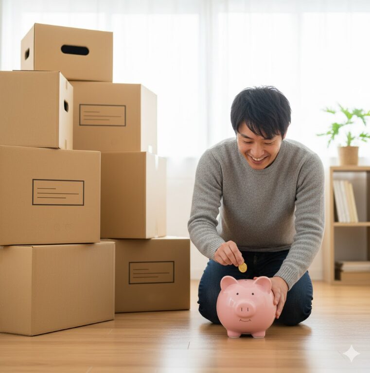 積み上げられた引越しの段ボールを背景に、豚の貯金箱にお金を入れて引越し費用の節約を喜ぶ人物。