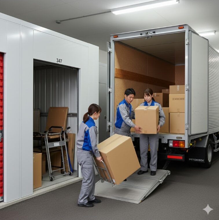 引越し業者の作業員がトランクルームから荷物を慎重にトラックへ搬出している様子。