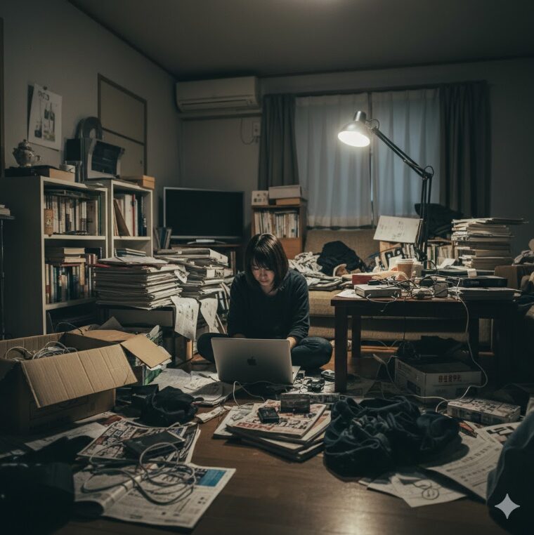 物で散らかった部屋の床に座り、疲れた表情でノートパソコンに向かう若い日本人女性。