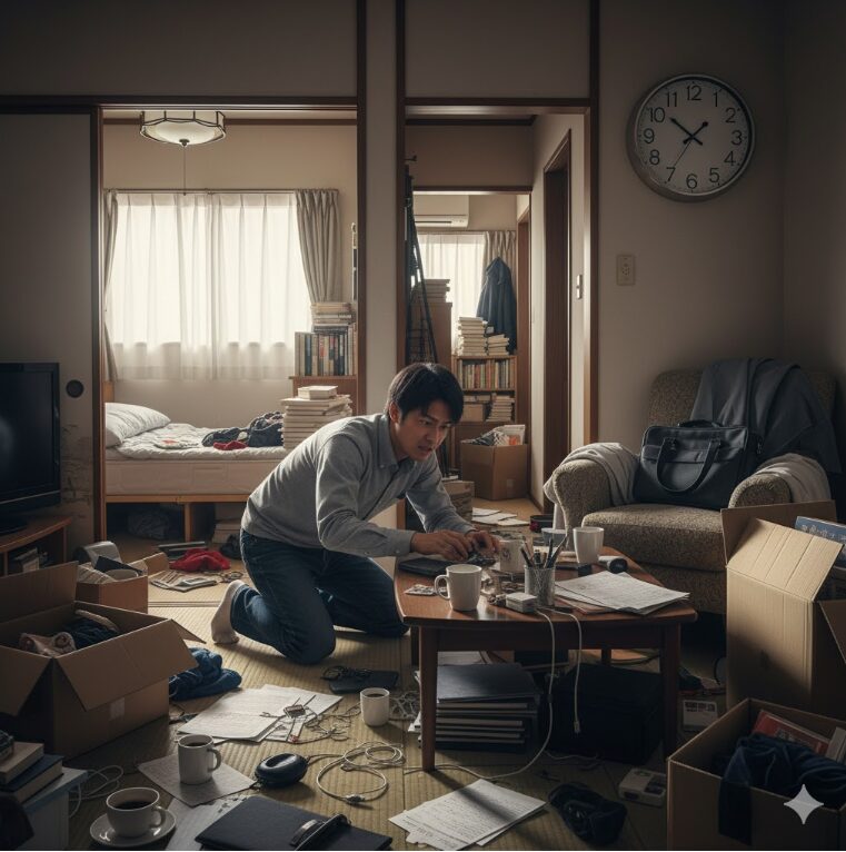 散らかった部屋で、探し物をして焦っている若い日本人男性。床には書類や日用品が散乱している。