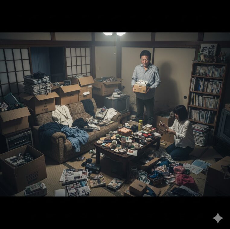 物で溢れかえった和室で、途方に暮れた様子の日本人夫婦。男性は段ボール箱を持ち、女性は床の物を整理しようとしている。
