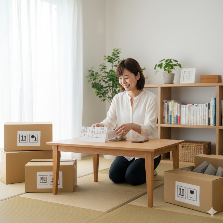 計画的に片付けを行い、整頓された部屋で気持ちよく過ごす女性。