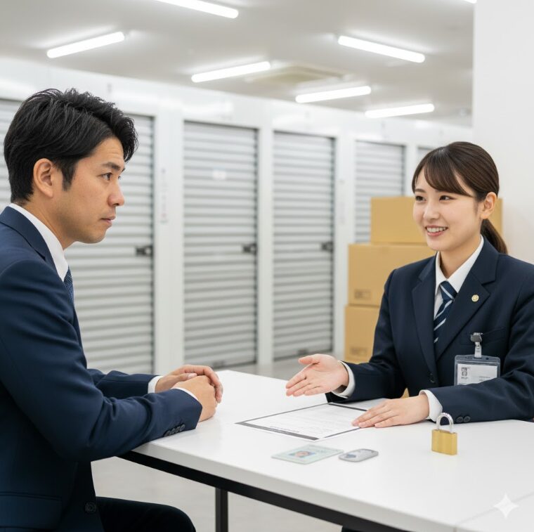 トランクルームの審査を本人確認をされている男性とスタッフの女性。