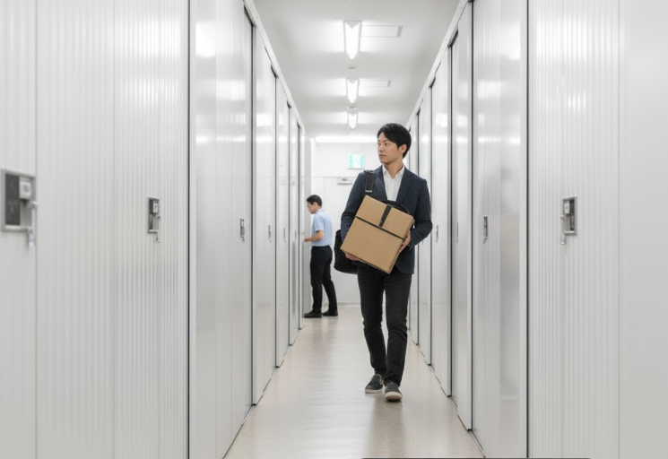 家族にバレないようにこっそりと荷物を運び、トランクルームに収納しに来た男性。