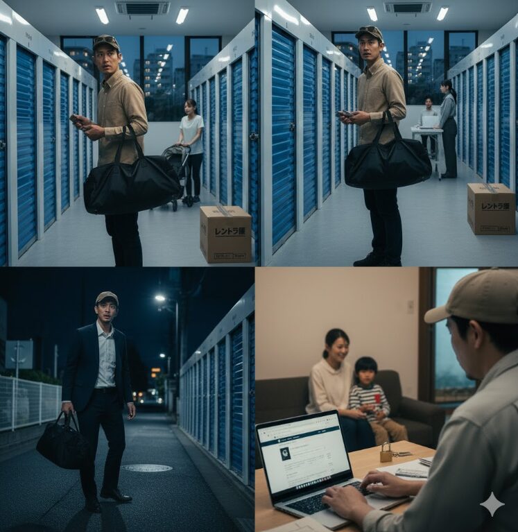 トランクルームに荷物を運ぶ男性が、家族に見つからないか心配そうな表情を浮かべている。背景には家族が見え、手前にはパソコンでキュラーズのウェブサイトを開いている様子が映っている。