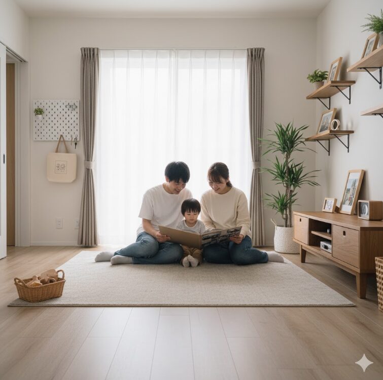 収納が少ない家でも快適に暮らす家族が楽しい時間を過ごしている様子。