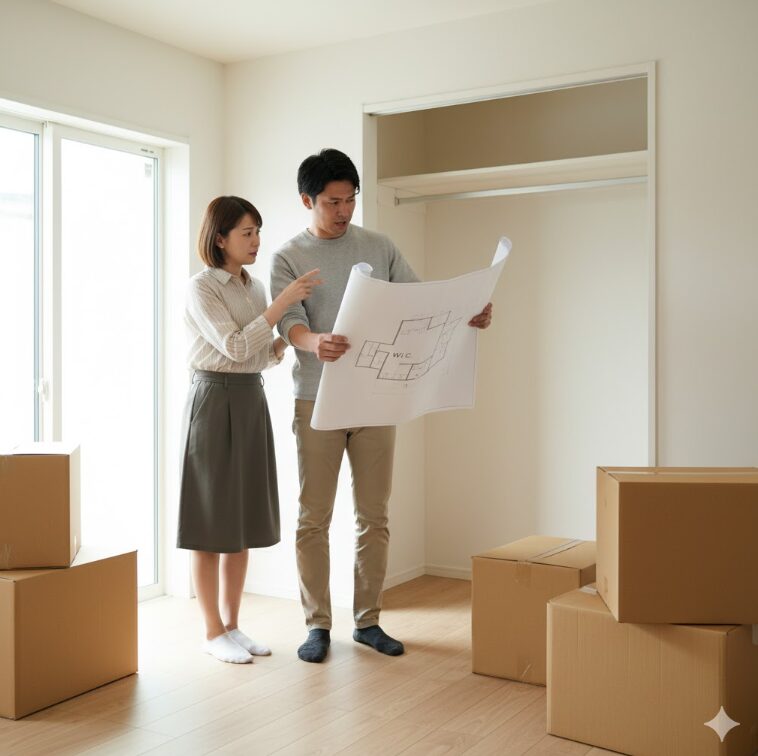 新築の家の収納を考えている夫婦。