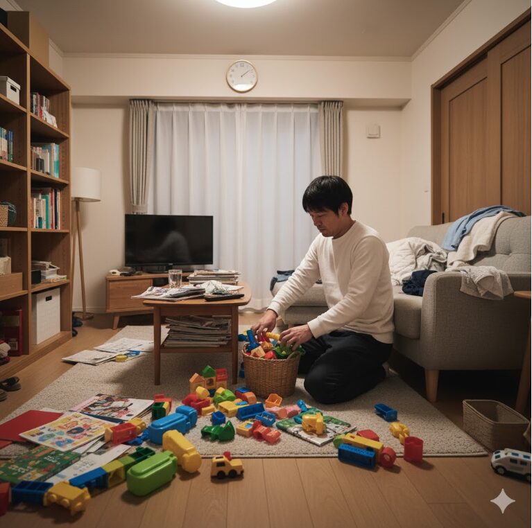 収納が少ないリビングで片付けに手間取っている父親。