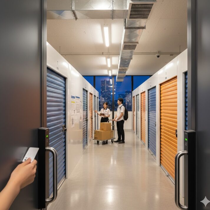 天王寺エリアの清潔で明るい屋内型トランクルームの廊下