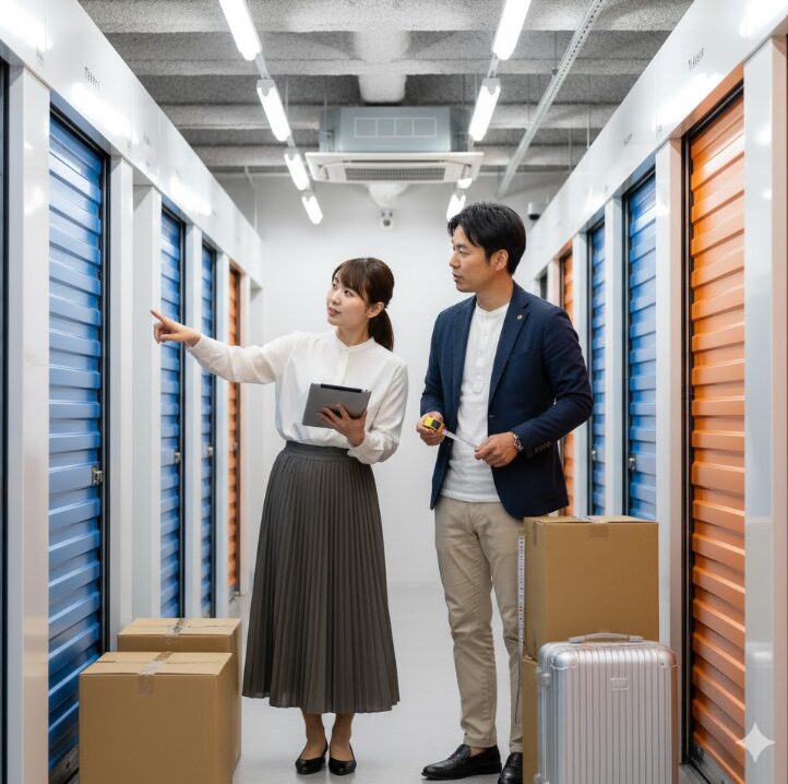 トランクルームで荷物の量に最適なサイズを比較検討する日本人利用者