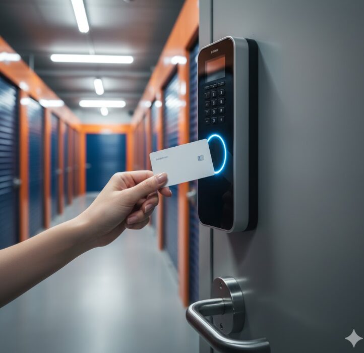 ICカードキーでトランクルームのセキュリティドアを開錠する手元