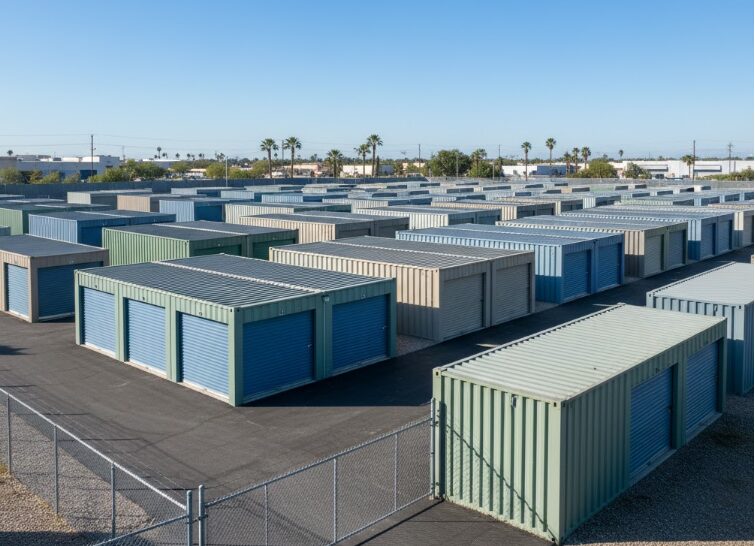 青空の下に整然と並んだ屋外トランクルームのコンテナ群