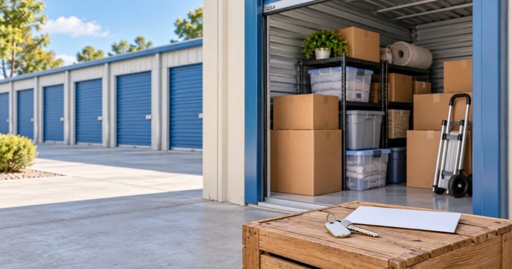 青いシャッターのトランクルームと収納された荷物、解約時の鍵と封筒 コピー