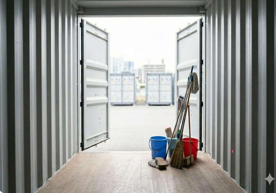 空っぽのトランクルームの隅の方に、掃除をするためのバケツやほうきが置かれている。