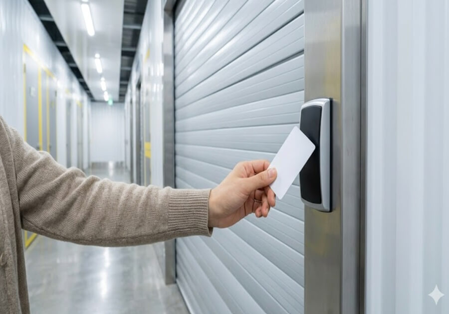 セキュリティカードをかざす手元