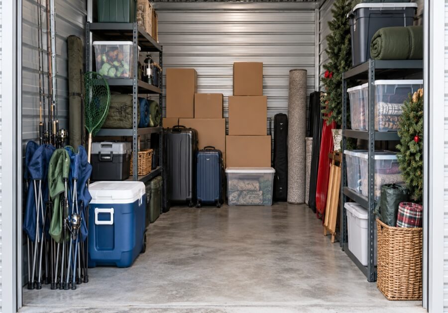 キャンプ用品や釣り道具、収納ボックスを整理したトランクルーム