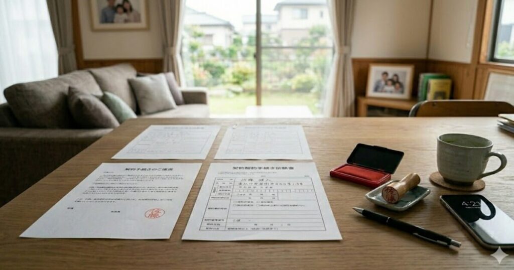 書類がテーブルに置かれている。
