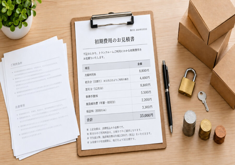 トランクルームの初期費用見積書と鍵・契約費用のイメージ