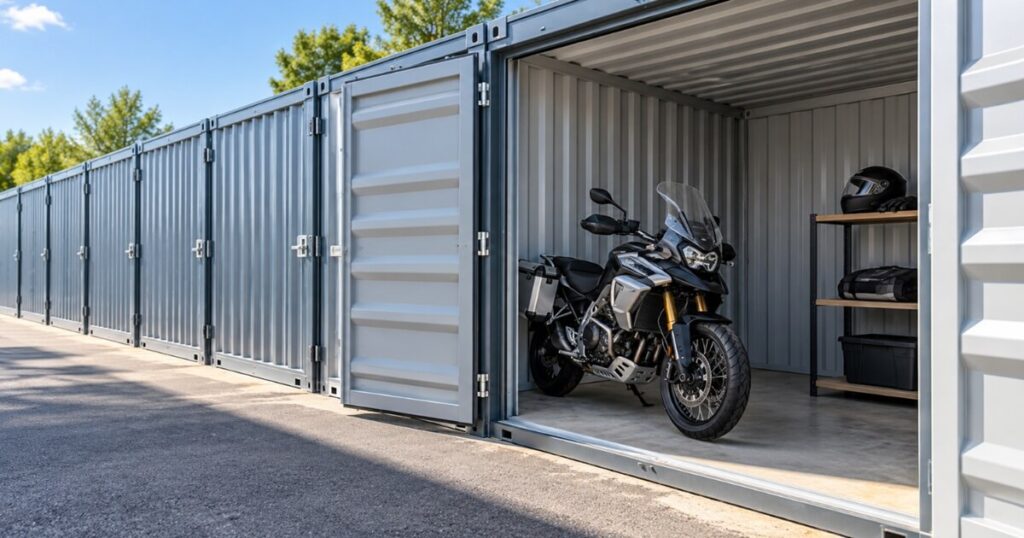 ドッとあーるコンテナの屋外型収納スペースに大型バイクを保管している様子