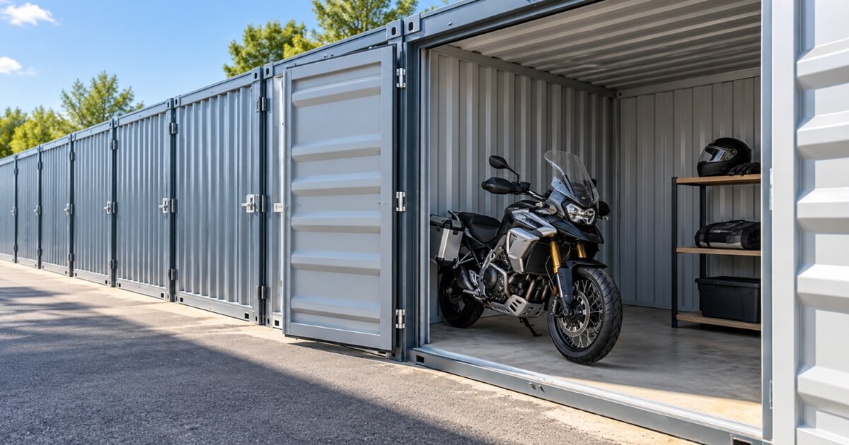 ドッとあーるコンテナの屋外型収納スペースに大型バイクを保管している様子