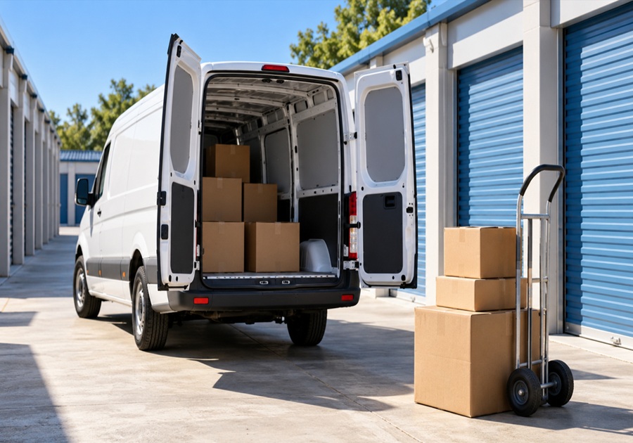 トランクルームへの荷物搬入をイメージした配送バンと段ボール
