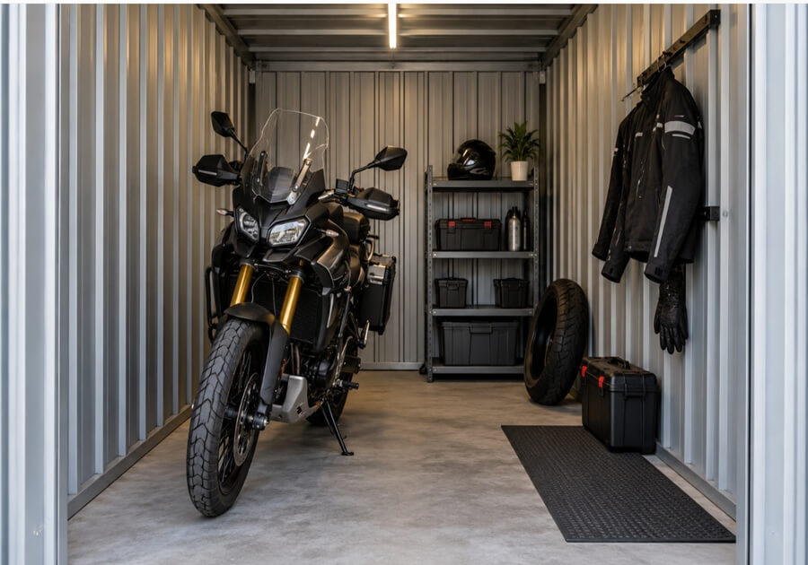 大型バイクとヘルメットや工具を一緒に収納できるコンテナ内部のイメージ